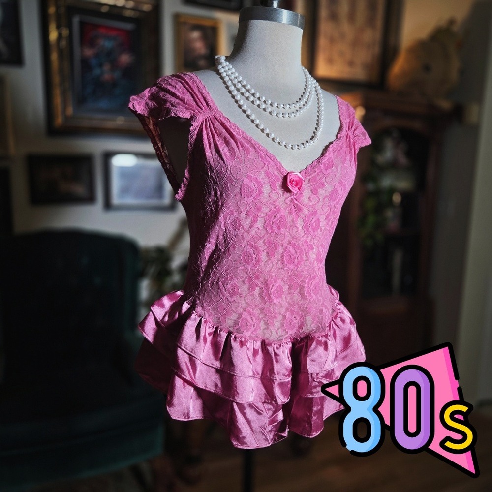 Vintage 80s Lily of France Pink Lace Ruffle Babydoll Lingerie Sleep‎ Dress Large